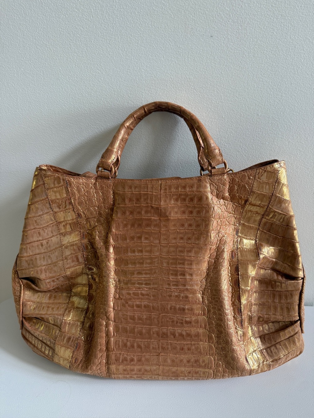 NANCY GONZALEZ Genuine Crocodile Top Handle Shoulder Bag Handbag, Brown/Gold